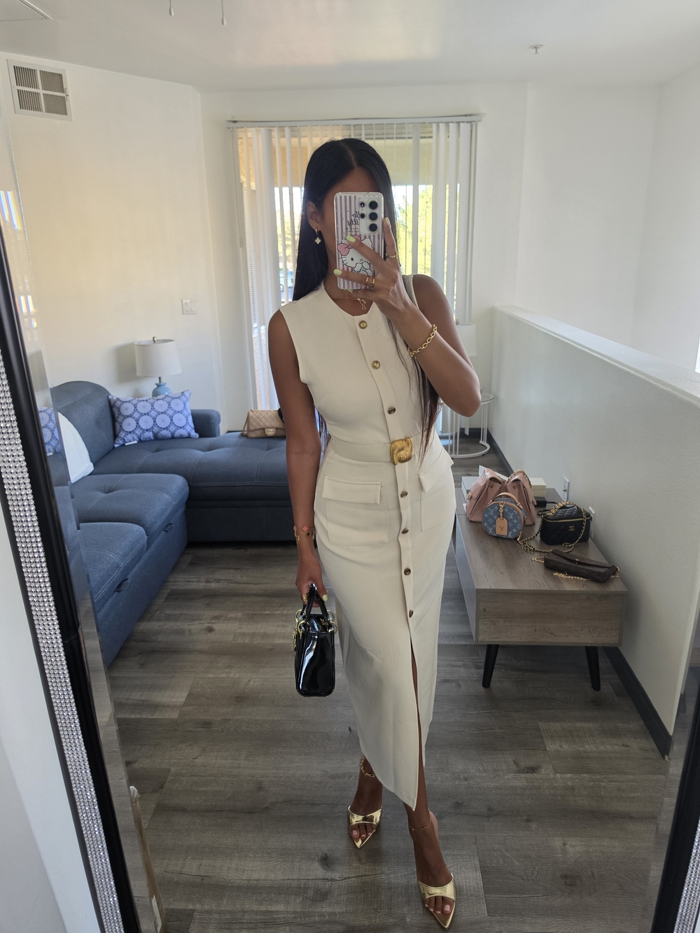 Zara Cream Button-Front Midi Dress with Gold Accents - Picture 7 of 17